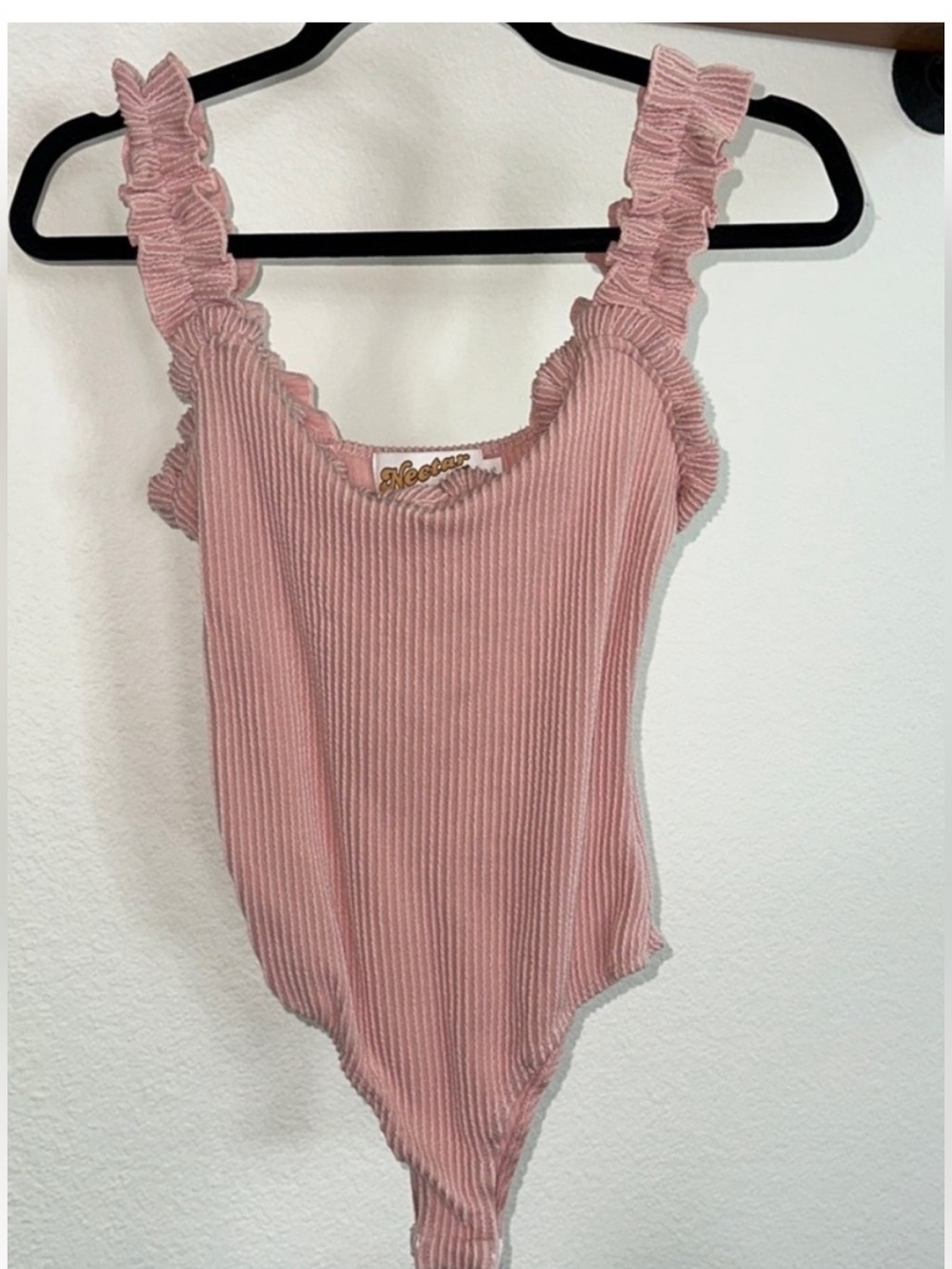 Nectar Clothing Women's Ruffled Pink Ribbed Bodysuit